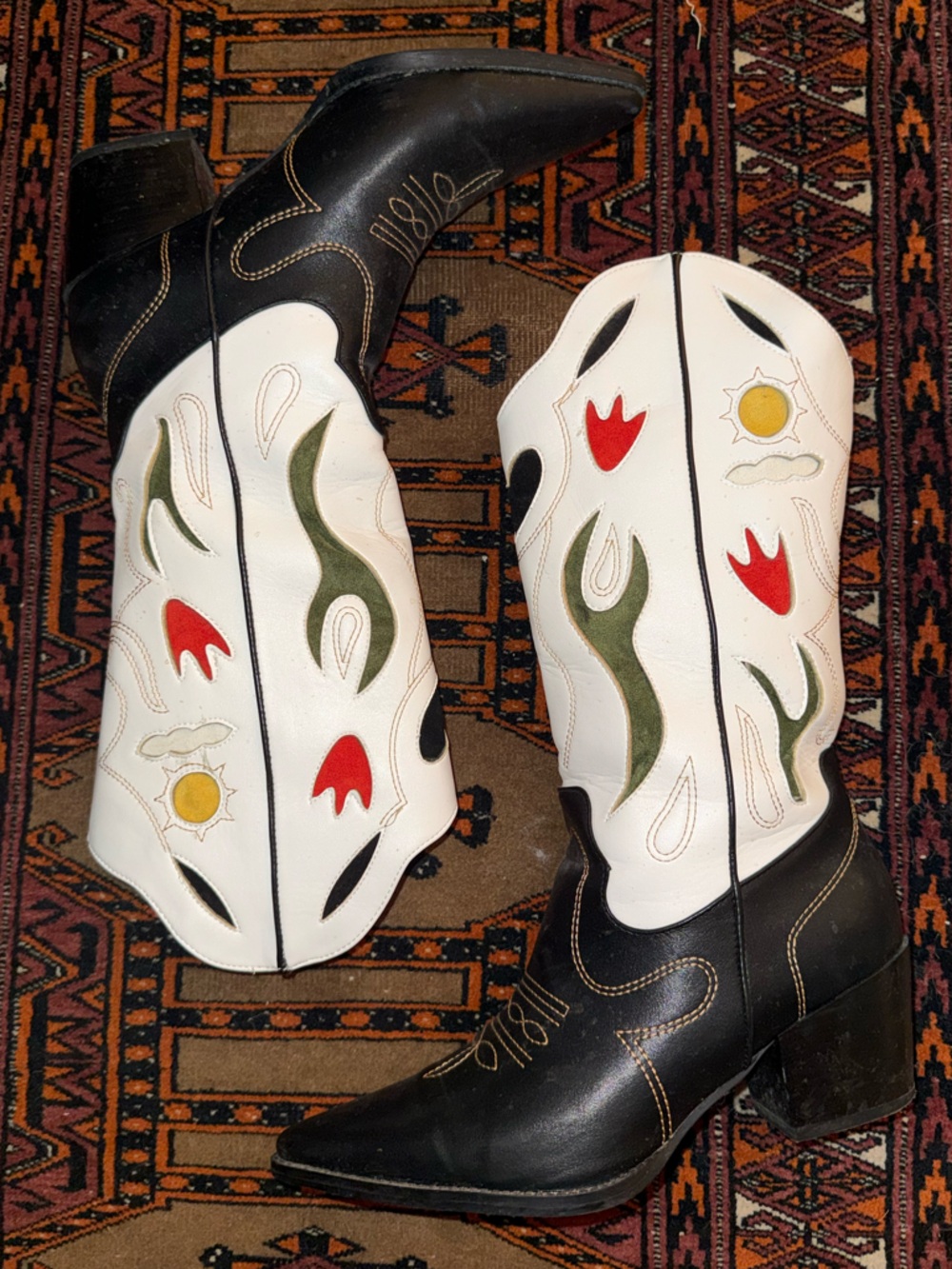 Black & White Floral Inlay Western Boots with Red and Olive Accents - Picture 3 of 8
